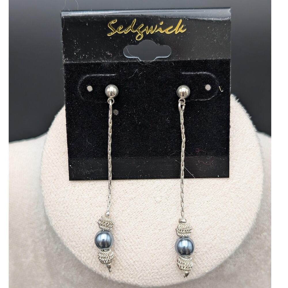 Sedgwick Dangle Earrings Silver Tone Blue Bead Drop Lead Free Made in Korea New